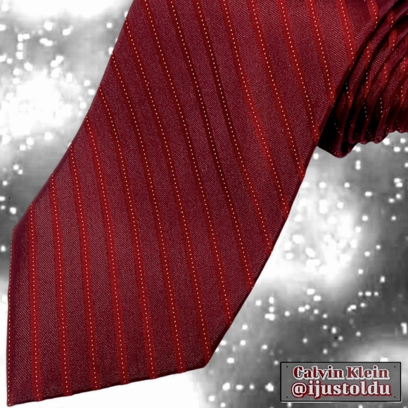 Calvin Klein Luxurious Woven Silk Tie | Traditional Diagonal Striped Red Necktie - Picture 15 of 15